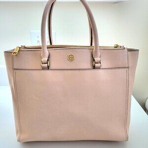 Tory Burch Robinson Double Zip Tote Pale Apricot Royal Navy